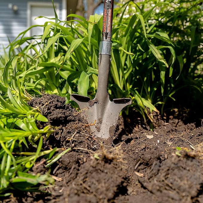 Root Slayer 23311 Perennial Garden Shovel with Serrated Blade for Digging and Root Cutting, Fiberglass Shaft, Heavy Duty Steel Spade, Red