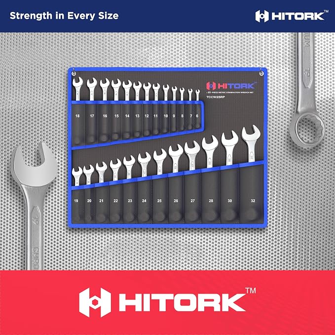 HITORK 25 Piece Metric Combination Wrench Set, 6-32 mm, 12-Point CRV Steel | Matt finish, 15° Offset box ends & organized roll up storage improve access, visibility & control for automotive repair work