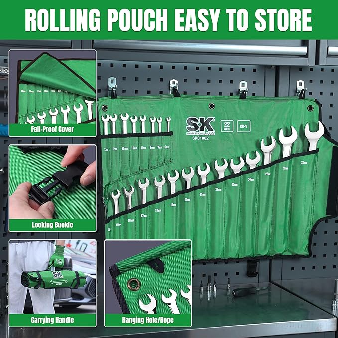 SK Combination Wrench Set, Metric 6 to 32mm, 22-Piece, Premium CR-V Steel | SuperKrome Finish, Drop Forged, 12-Point Wrenches, 15-Degree Offset, with Rolling Pouch