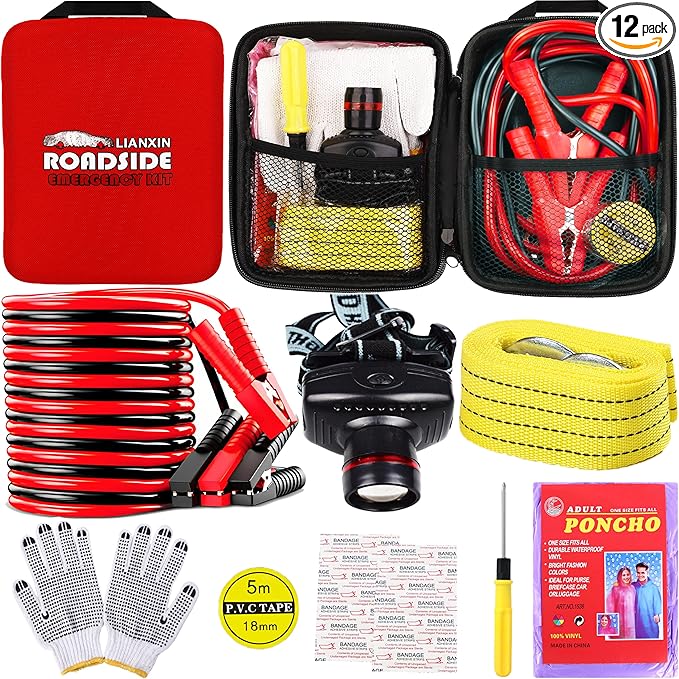 LIANXIN Car Roadside Emergency Kit, with Jumper Cables Automotive Kit,Car Safety Roadside Assistance Kit Headlamp,Tow Straps,Screwdrivers, Rainwear, Gloves.Red