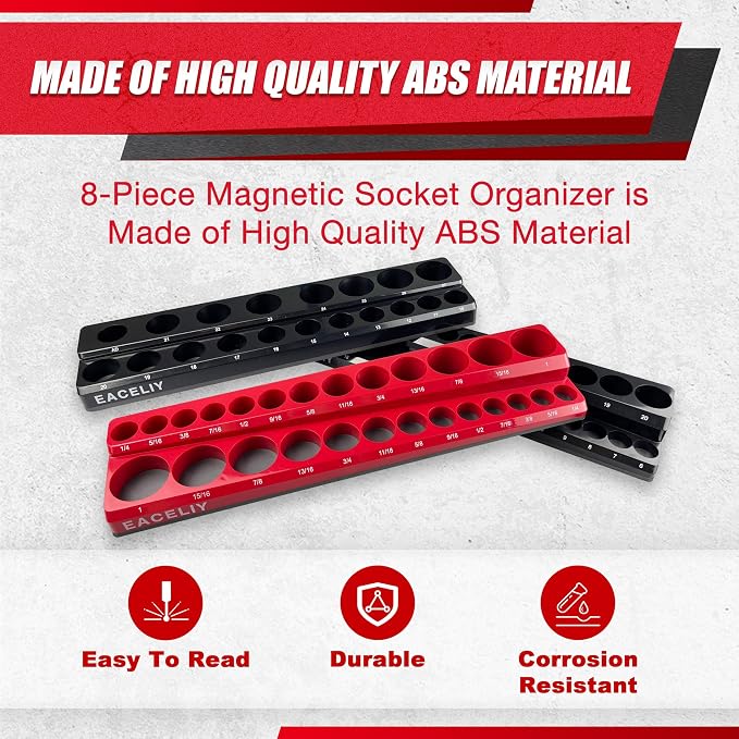 Magnetic Socket Organizer Set, 1/2", 1/4" and 3/8" SAE & Metric Deep & Shallow Tools Tray Holder Kit, holds 199pcs Sockets (sockets not included) (8PC 1/2&3/8&1/4) 丨8PCS