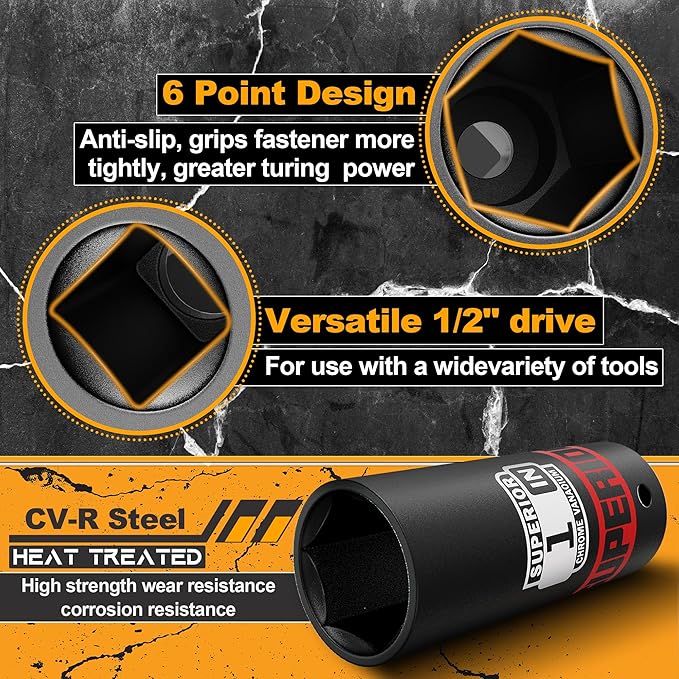 12 Piece 1/2" Drive Impact Socket Set, 3/8" - 1" Deep Socket, SAE, 6 points, CR-V Material, Cars, Motorcycles, Tire Changes