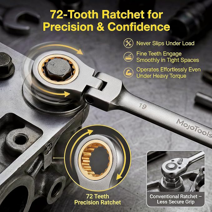 Ratchet Wrench Set, 16-Piece Flex-Head Ratcheting Combination Wrench Set, Metric Wrench Set 6–24 mm, 72-Teeth Cr-V, Nickel-Plated with Wrench Organizer Roll Bag