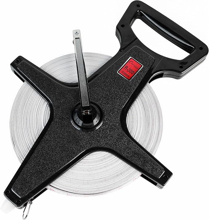 Champion Sports Open Reel Measuring Tapes – Durable Hand Crank with Metal Spike, Dual-Sided Feet & Meters, Perfect for Track & Field and Long Jump, 300 Feet/90 Meters