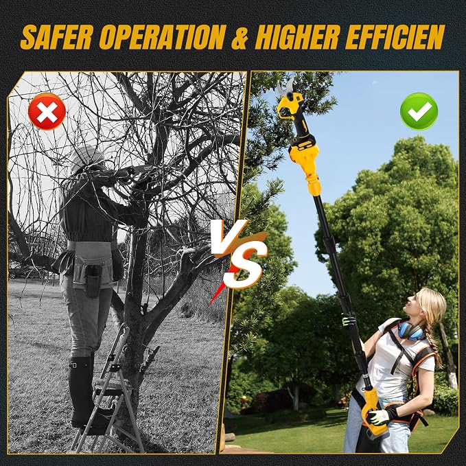 Cordless Pruning Shears Compatible with Dewalt 20V, Electric Pruning Shears with Extension Pole up to 4.57m Range, LCD Display 30 mm Battery Pruning Shears & Loppers for Garden (No Battery)
