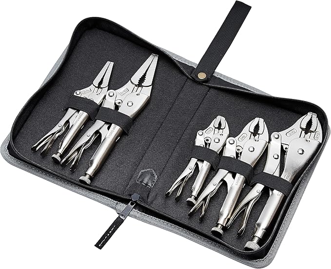 Amazon Basics 5-Piece CR-V Locking Pliers Set with Wire Cutters, 2 Straight Jaw, 3 Curved Jaw, 6.5-10 inch, Silver, Carrying Case