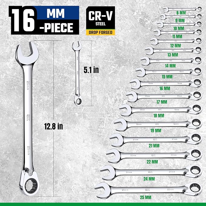 SK Reversible Ratcheting Wrench Set, Combination Wrenches, Metric 16-Piece | Ratchet Wrenches Set 72-Tooth, Chamfered Head Design, Premium CR-V Steel, Roll-Up Pouch