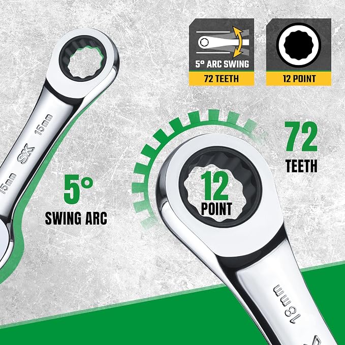 SK Stubby Ratcheting Wrench Set, Combination Wrench Set, 7-Piece, Metric, 72-Tooth, CR-V Steel, with Rolling Pouch