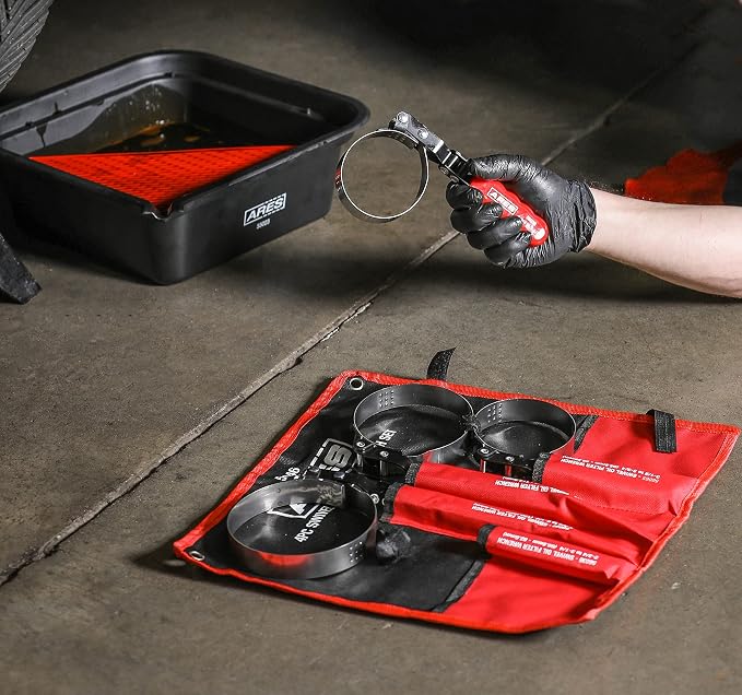 ARES 56065-4-Piece Swivel Oil Filter Wrench Set with Storage Pouch - Wrenches Cover 2 3/4-Inch to 5 1/4-Inch (70mm to 133mm) Diameter Filters - 180-Degree Swivel - Automatically Tightens on Filter