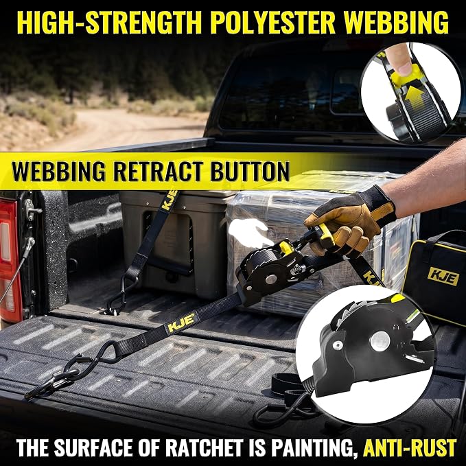 KJE Retractable Ratchet Straps, (4)1"x10' Automatic Straps + (4)Soft Loops | 1,500lb Break Strength, Self Retracting Design, S-Hook with Clip, T Handle, For Motorcycle, Kayak, ATVs, Trailer Tie Downs