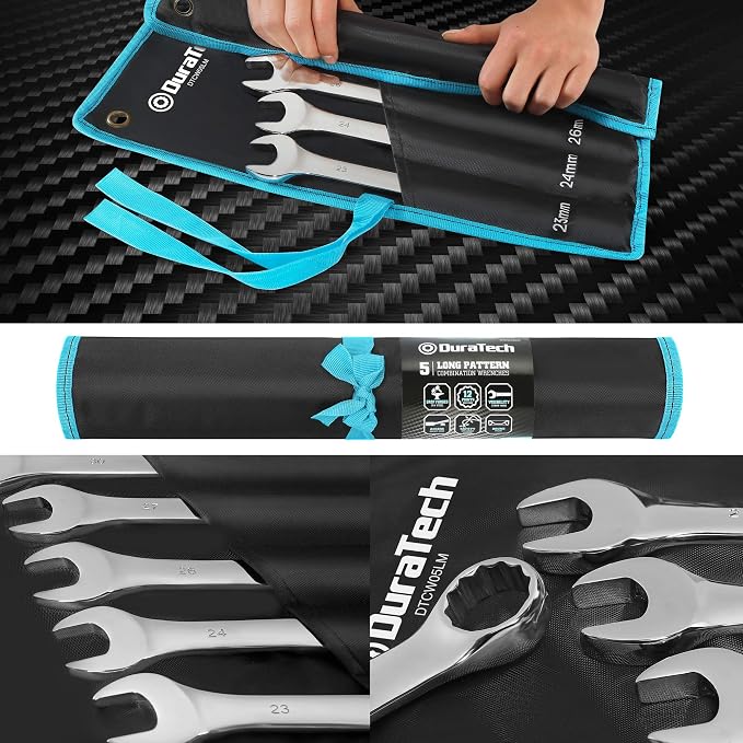 DURATECH Long Pattern Combination Wrench Set, Metric, 5-Piece, 23-30mm | 12 Point, CR-V Steel, With Pouch
