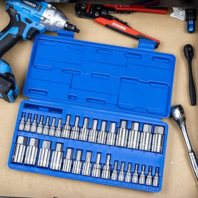 NEIKO 10388A Master Allen Hex Bit Socket Set, 33-Piece SAE & Metric Allen Socket Set, S2 Steel, 5/64'-3/4', 2mm-19mm