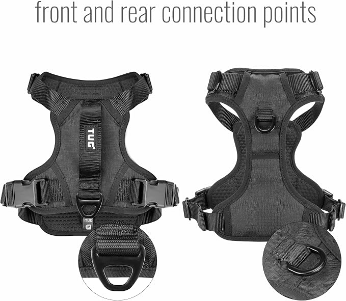 TUG No-Pull Dog Harness, 2 Leash Clips + Padded Handle (Large, Black) | Water-Resistant Padded Interior | No-Pull Front Clip | Padded Back Handle | Adjustable Straps