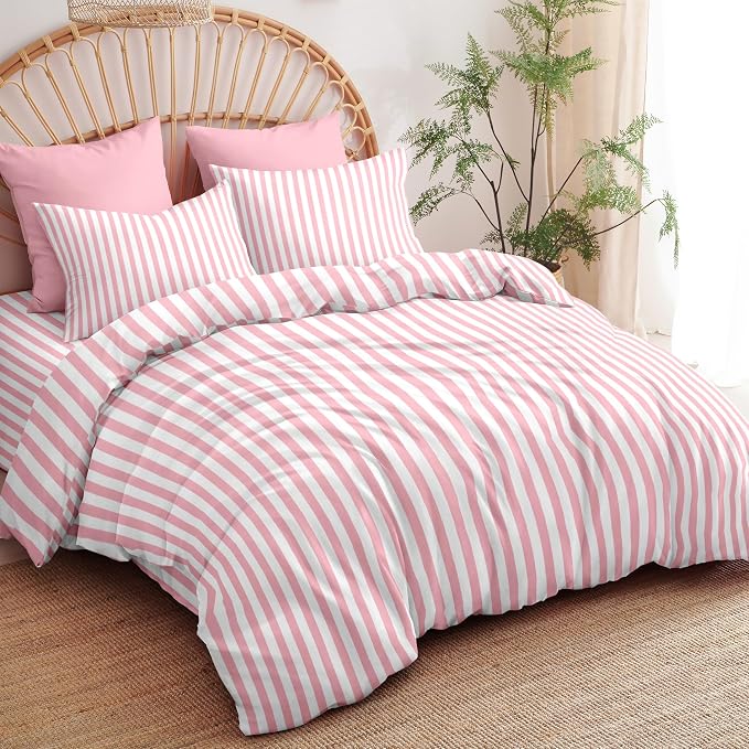 Sedefen Striped Duvet Cover Full Size Pink Stripe Geometry Bedding Set for Girls 3 Pieces Soft Microfiber Reversible White Geometric Stripes Comforter Cover with Zipper Closure and 2 Pillowcases