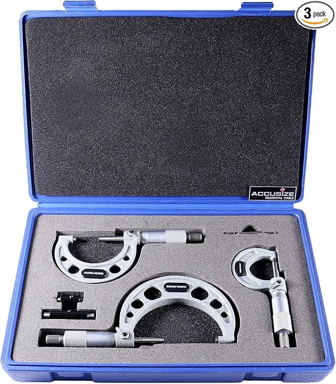 Accusize Industrial Tools 0-3 inch x .0001'' Ultra-Precision M-Type Outside Micrometers Carbide Tipped 3 Pc Set, EG00-0903