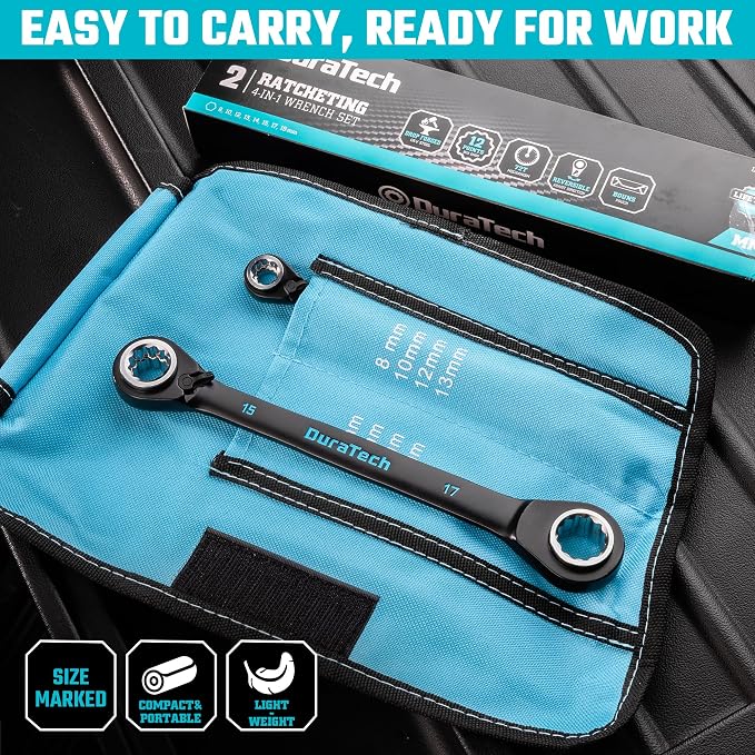 DURATECH 4-in-1 Reversible Ratcheting Box Wrench Set, Metric, 2 Pcs, Black | Double Box End, 8mm, 10mm, 12mm, 13mm & 14mm, 15mm, 17mm, 19mm, CR-V Steel, Black Electrocoat, Rolling Pouch