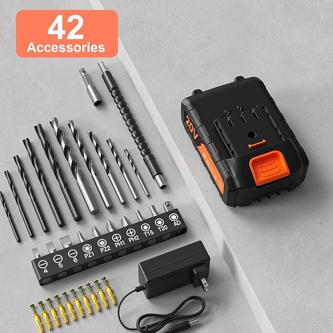 Cordless Drill Set, VIWKO 20V Power Drill with Power Pack 2.0Ah and Charger, 3/8-Inch Keyless Chuck Electric drill, 25+1 Position, 42pcs Drilldriver Bits/Screws for DIY Projects (Black Grey)