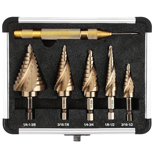 6PC Cobalt Step Drill Bit Set, Hex Shank Step Drill with Two Spiral Flutes and Automatic Center Punch for Metal, Stainless Steel, Aluminum, Wood, and Plastic with Aluminum Case, 50 Sizes