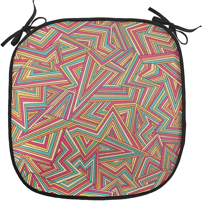 Lunarable Geometric Chair Cushion Pads Set 12, Abstract Pattern Stripe Illusion Geometry Angles Stars Structure, Anti-Slip Seat Padding for Kitchen & Patio, 16"x16", Magenta Orange