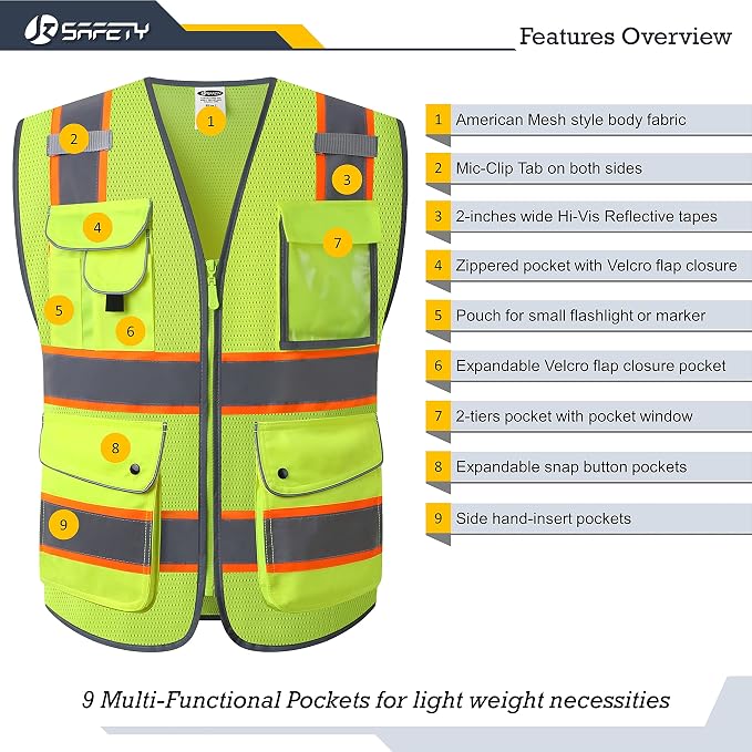 JKSafety 9 Pockets Hi-Vis Neon Yellow Zipper Front MESH Safety Vest with Fluorescent Orange Extend Edge outlining the Reflective Tapes Meet ANSI/ISEA Class 2 Standard (100-Yellow, 5XL)