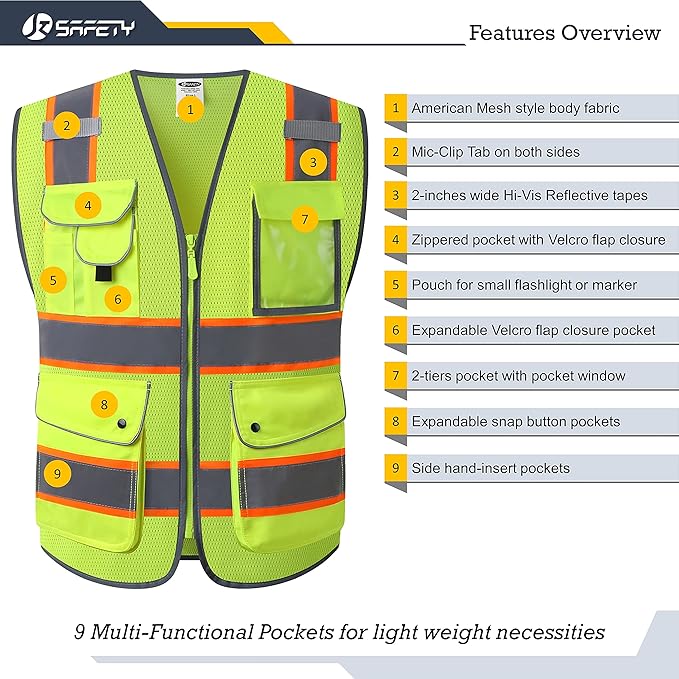 JKSafety 9 Pockets Hi-Vis Neon Yellow Zipper Front MESH Safety Vest with Fluorescent Orange Extend Edge outlining the Reflective Tapes Meet ANSI/ISEA Class 2 Standard (100-Yellow, XXL)