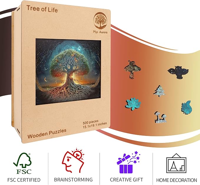 Mys Aurora Tree of Life Wooden Jigsaw Puzzles | Unique 200 Pcs Medium Size 9.6'' x 11.8'' Luxurious Shaped Wood Puzzle, Beautiful Package