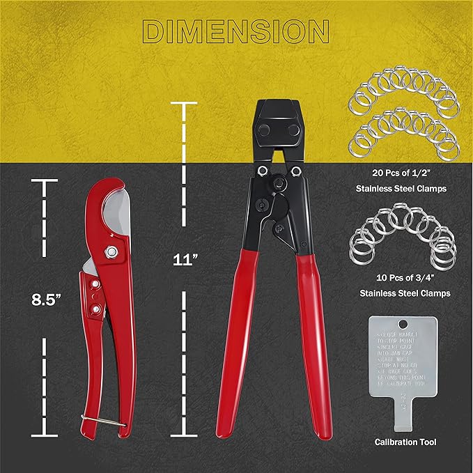 KOTTO Ratchet PEX Crimping Clamp Cinch Tool & Pipe Hose Cutter Meets ASTM 2098 & Stainless Steel Pipe Clamps, Pipe Fitting Tool Kit Sizes 3/8" to 1" - 20 pcs 1/2", 10 pcs 3/4" Clamps With Storage Bag