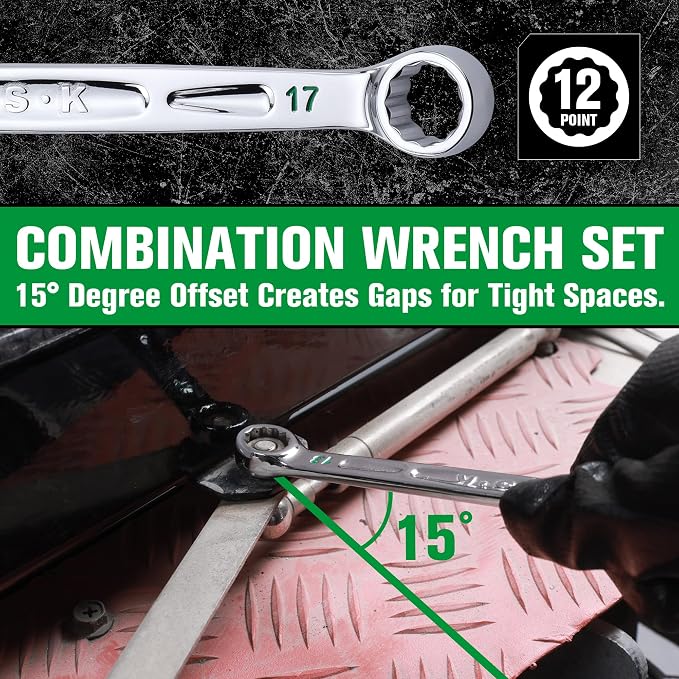 SK Combination Wrench Set, SAE 5/16''-3/4'', Metric 8-19mm, 23-Piece | 12-Point, SureGrip Drive Design, 15-Degree Offset End, Drop Forged CR-V Steel, SuperKrome Finish, with Rolling Pouch