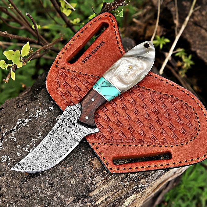 Custom Handmade 7'' fixed blade hoof rasp knife Cow boy knife Turquoise Handle Damascus steel Bull cutter, cowboy knives with pancake leather sheath (RESIN)