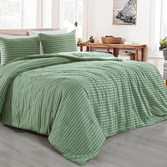 HOMBYS Oversized King Boho Comforter Set 120x120, Sage Green Tufted Jacquard Geometry Bedding Comforter for King Bed, Shabby Chic Bed Sets with 2 Matching Pillow Cases