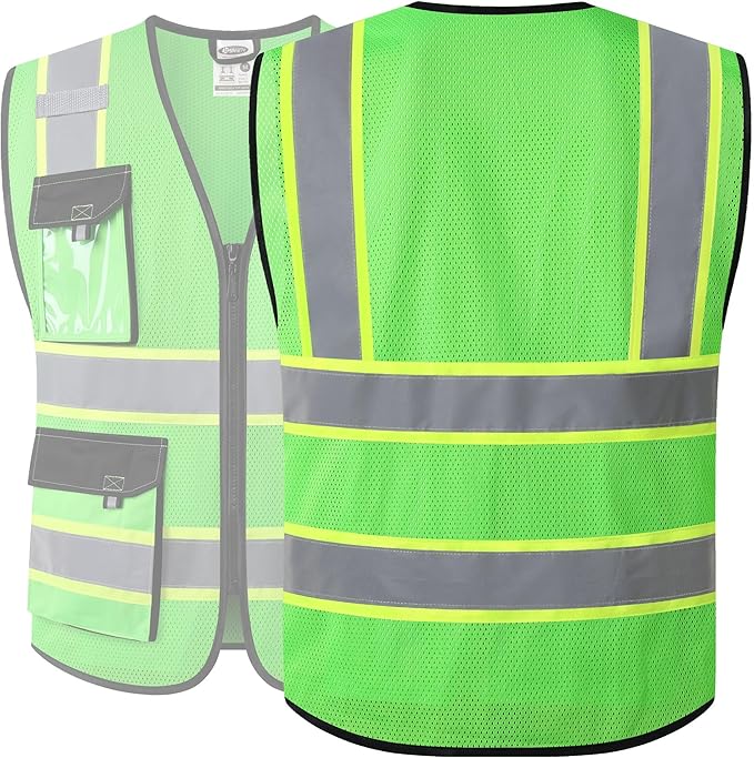 JKSafety Hi Vis Reflective Safety Vests for Men Women High Visibility Vest with Pockets Mesh Fabric Construction Safety Apparel Neon Vest for Work (220-Green 3XL)