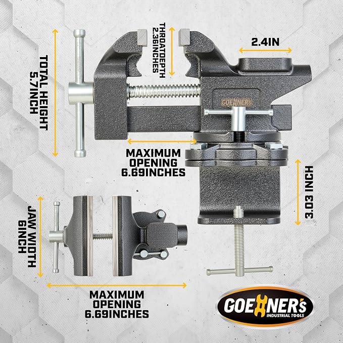 6-Inch Bench Vise, Vice for Workbench with Heavy Duty Forged Steel Construction, Built-in Pipe Jaw and Swivel Base, Table Vise for Woodworking, Home Workshop Use and DIY Job