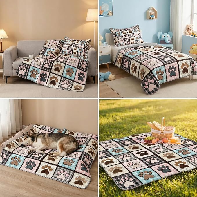 Patchwork Quilt Set King Size, Pink Dog Paw Bedspread, Soft Lightweight Microfiber Bedding Set, Farmhouse Rustic Coverlet, All Season 3 Piece (Pink Dog Paw, King(90"x104"))