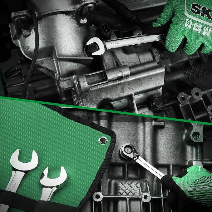 SK Reversible Ratcheting Wrench Set, Combination Wrenches, Metric 16-Piece | Ratchet Wrenches Set 72-Tooth, Chamfered Head Design, Premium CR-V Steel, Roll-Up Pouch