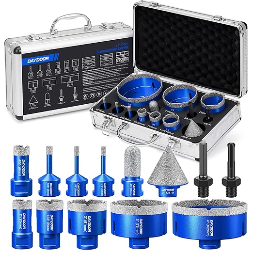 DAYDOOR Diamond Hole Saw Kit, 13-Piece Tile Hole Saw Kit 1/4" 5/16" 4/5" 1" 1-3/8" 2" 3" 4",Vacuum Brazed Core Drill Bits for Porcelain Tile, Granite, Marble, Stone(Blue)