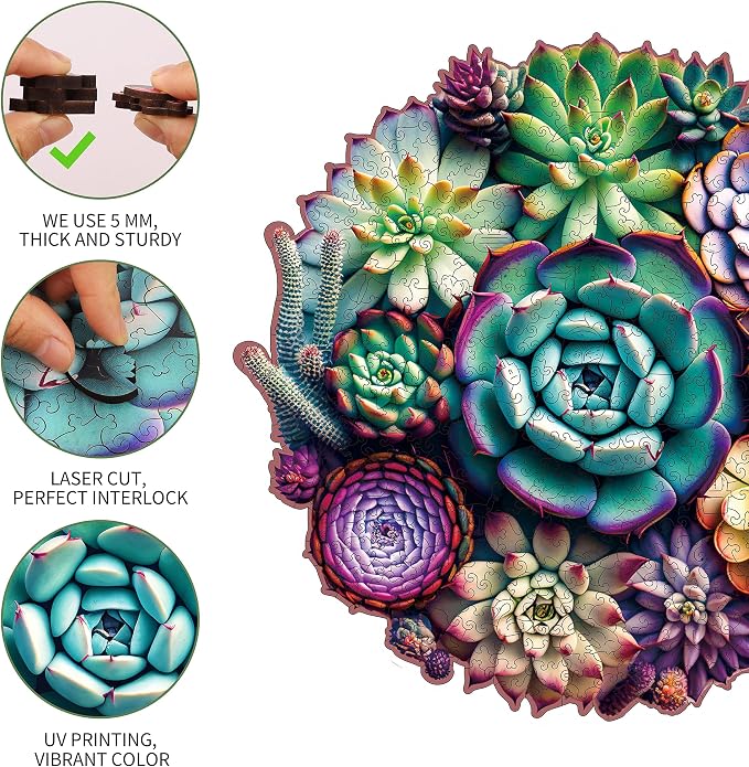 Delobi Mandala Succulent Wooden Puzzles, 200 Pieces Jigsaw Puzzles 11.3'' x10.9'', Unique Design Wooden Puzzles for Adults and Kids, Family Game Gift Medium Size