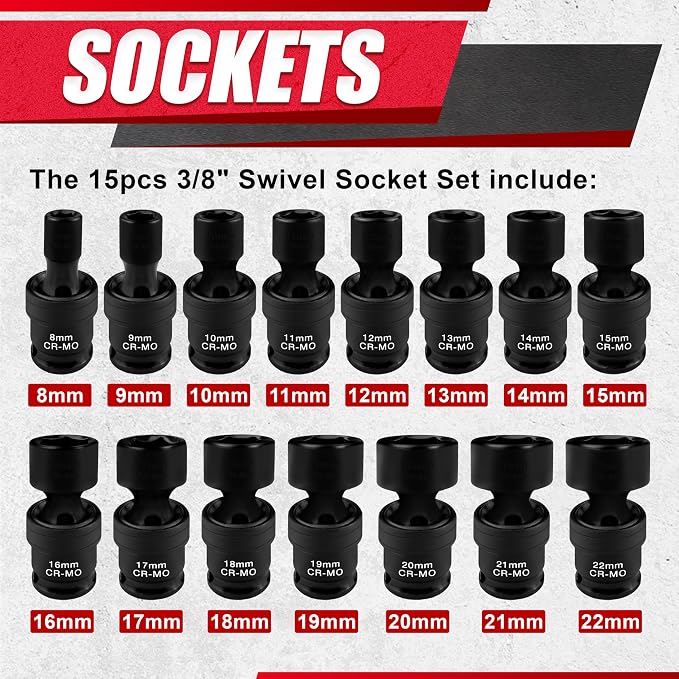 15PCS 3/8" Drive Shallow Universal Impact Socket Set,Swivel Socket Set,Metric Flexible Wobble Sockets, CR-MO,8-22mm, 6 Point