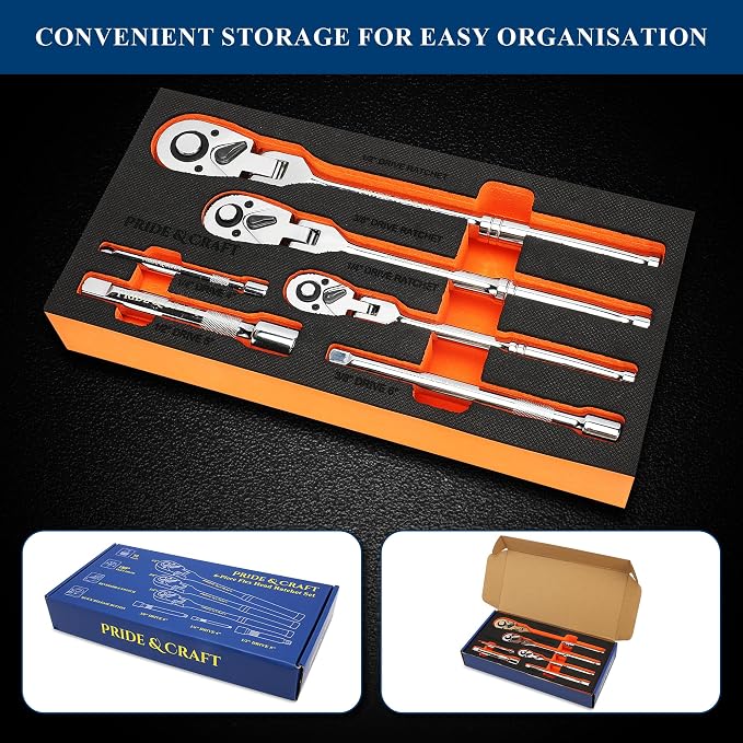 PRIDE&CRAFT 6-Piece Flex Head Ratchet Set, 1/4", 3/8", 1/2" Drive 72-Tooth Swivel Head Ratchet Wrench with Extension Bars, Quick Release Reversible Socket Wrench, EVA Organizer