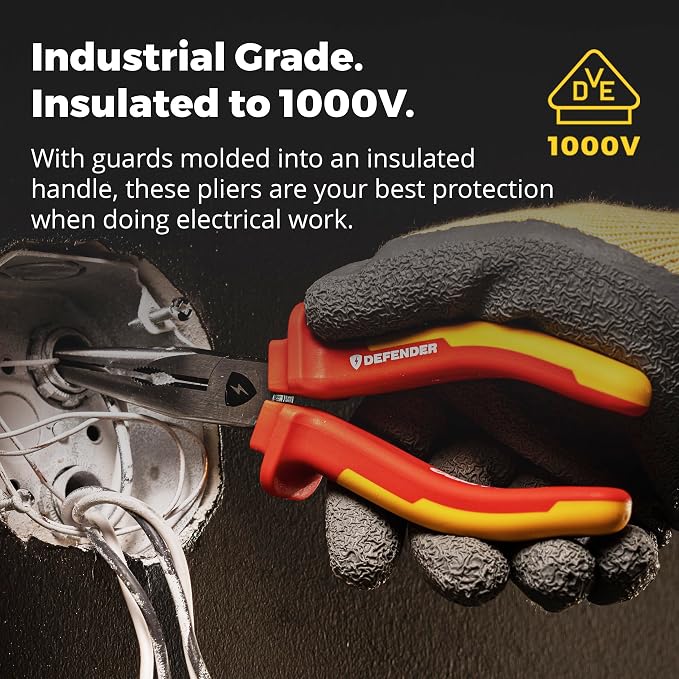 MEGAPRO® DEFENDER Pliers | 1000V VDE Certified | 8.5" Long | Insulated | Electricians Tools (Needle Nose)