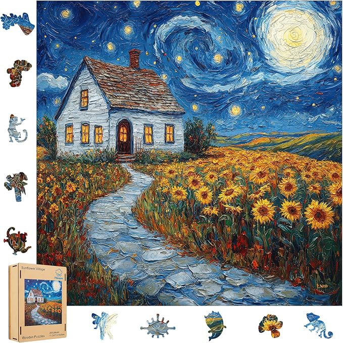 Pikoqunc Sunflower Village Wooden Puzzles for Adults,200 Pieces 11.2x11.2 in,Charming Countryside Jigsaw Puzzle with Unique Laser-Cut Pieces and Exquisite Box, for Family Fun and Festival