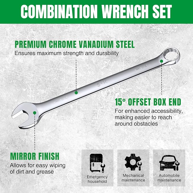 SK Long Pattern Combination Wrench Set, SAE 15/16" to 1-1/4", 5-Piece | SuperKrome Finish, Drop Forged Premium CR-V Steel, 12-Point Large Wrenches, 15-Degree Offset, with Rolling Pouch
