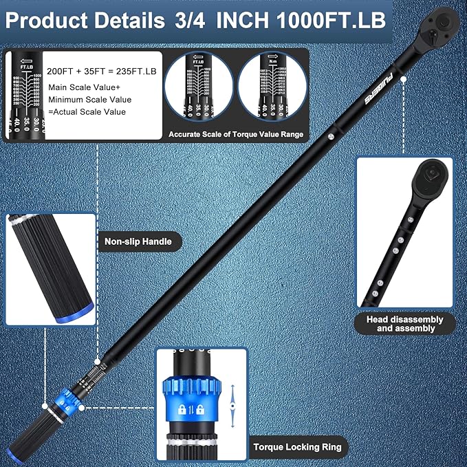 High Torque Wrench 3/4'' 200-1000 ft, 3/4 Inch Torque Wrenches for Car, Truck, Tractor, Accuracy ± 3% Two Directions Adjustable 24 Teeth Precision Instruments
