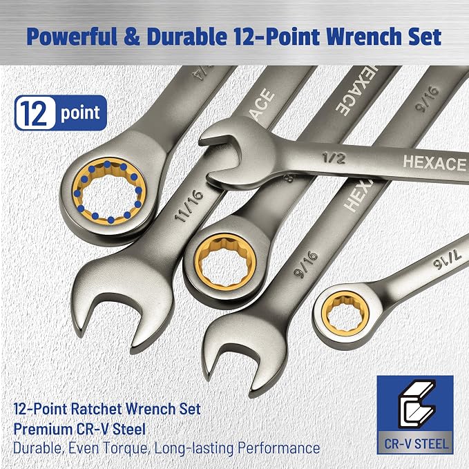 22-Piece Ratcheting Wrench Set, 72 Teeth, Metric & SAE | Metric 6–18mm & SAE 1/4–3/4", Anti-Slip Combination Wrenches with Organizer Box, Satin Black Nickel Finish,Combination Wrench