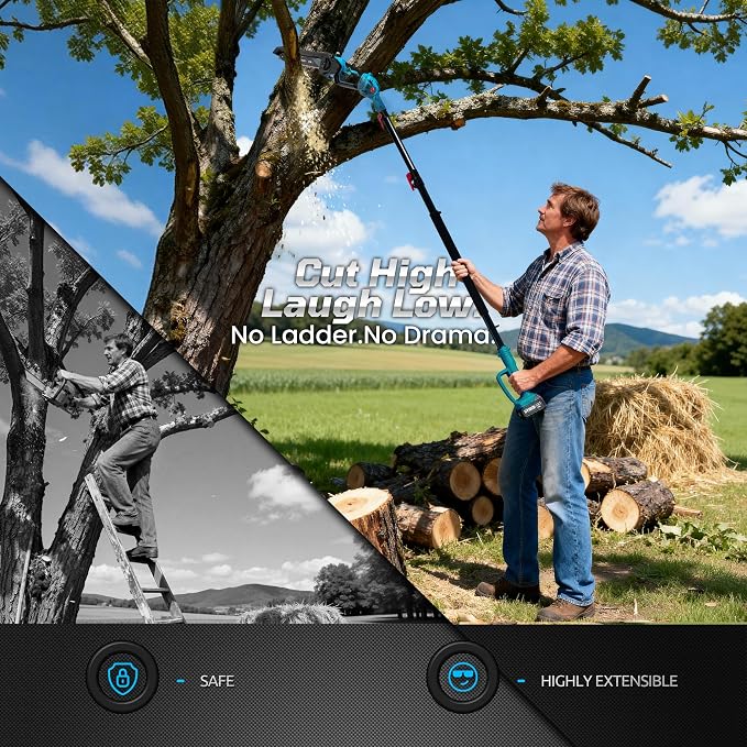 2-in-1 Cordless Pole Saw & Mini Chainsaw,Batteries Compatible, 16Ft Reach | 8-inch brushless cutter,Ideal for backyard tree trimming, shrub shaping, hedge maintenance, routine seasonal yard cleanup