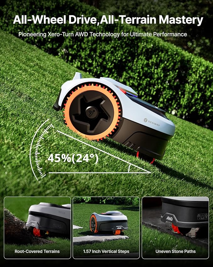 Segway Navimow i206 AWD Robot Lawn Mower (New i105N), Wire-Free with Garage S, All-Wheel Drive for 45% Slopes, EFLS NRTK + Vision, Auto Mapping, Covers 0.15 Acre (Garage Shipped Separately)