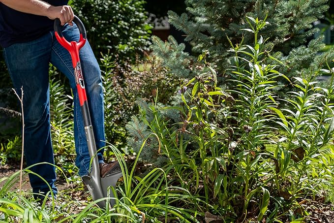 Root Slayer 22011 Garden Shovel with Serrated Blade for Digging and Root Cutting, Heavy Duty Steel Spade, Red