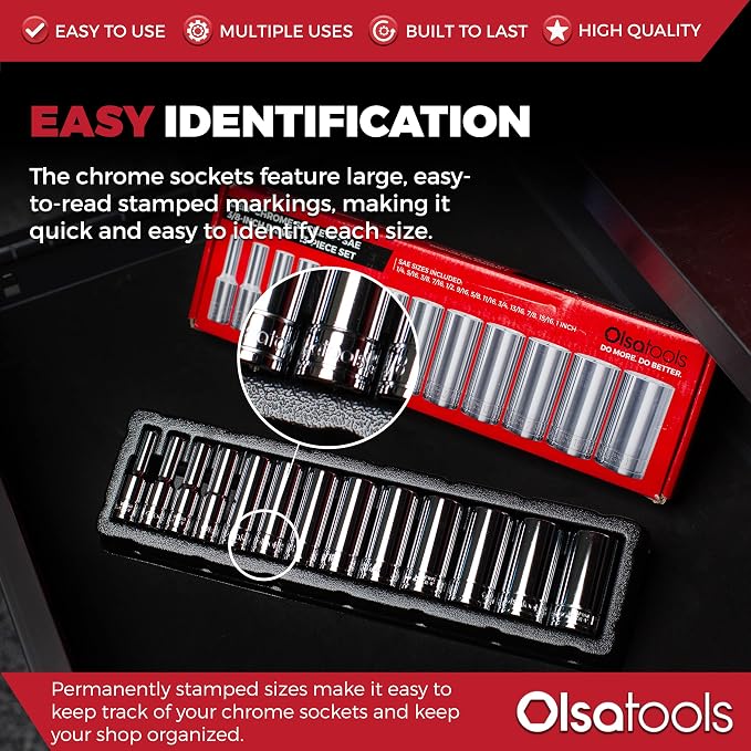 Olsa Tools 3/8-Inch Drive SAE Deep Socket Set - 13pc | 6-Point Chrome Vanadium Sockets, 1/4" to 1", No Skipped Sizes - Professional-Grade SAE Socket Sets - Part: 1332