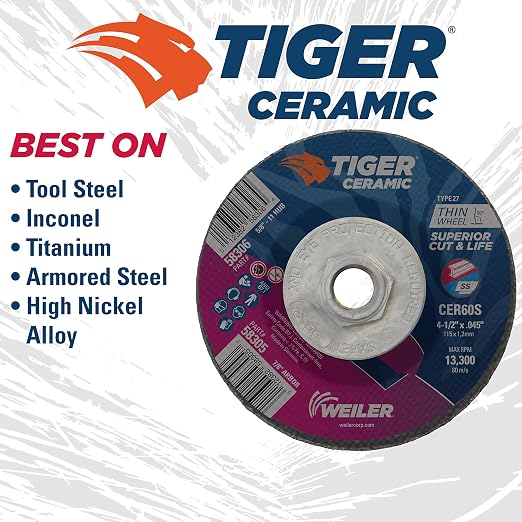 Weiler 58306 4-1/2 Inch Cutting Wheel, Tiger Ceramic Stainless Steel Superior Life & Cut Contaminant Free Max Performance Cutting, .045" CER60S Type 27 5/8"-11 Hub, Pack of 10