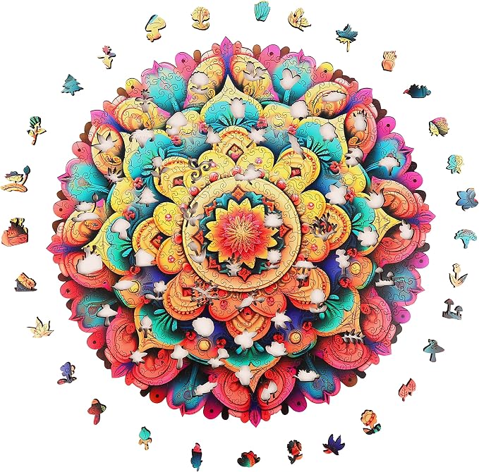 Mys Aurora Unique Wooden Jigsaw Puzzles - Flower Mandala, 500 Pcs King Size 16.5'' x 16.4'', Luxurious Shaped Wood Puzzle, Beautiful Package, Best Gift for Adults and Kids, Family Game