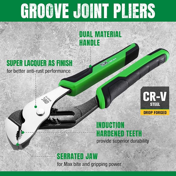 SK 8'' Water Pump Pliers, Serrated Jaws Groove Joint Pliers, CR-V Steel | 5 Positions UP to 1.3'' Jaw Capacity, Ergonomic Anti-slip Handle for Comfortable Grip
